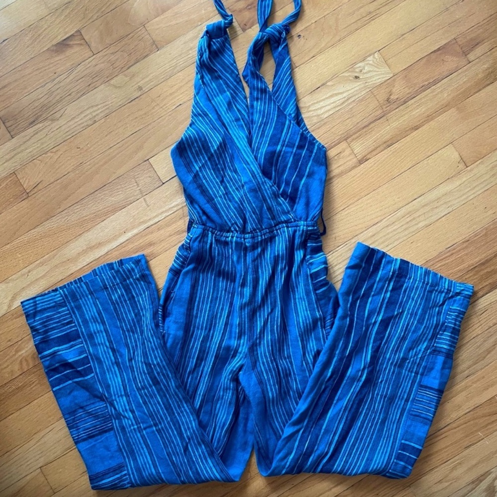 Anthropologie Linen Jumpsuit Romper Blue Stripe